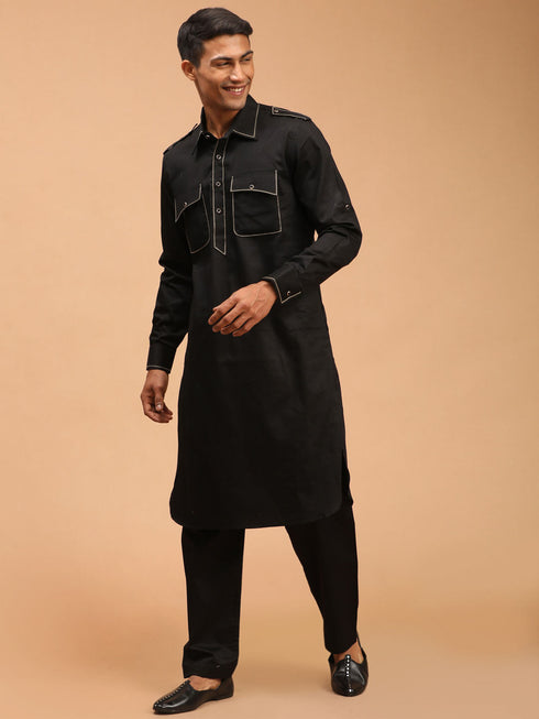 Men's Black Cotton Blend Pathani Suit Set